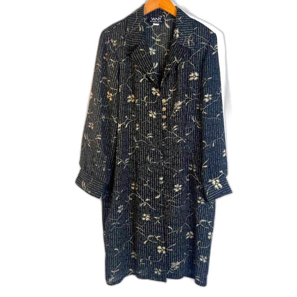 VANY Woman Vintage Petite Black & Tan Floral Printed Shirt‎ Kimono Size 16WP